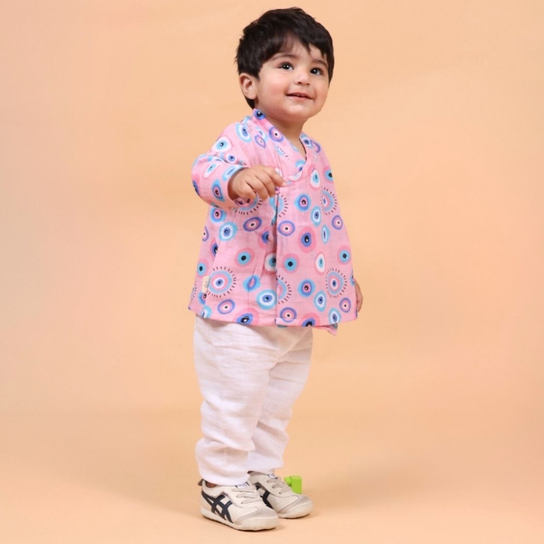 Pink Evil Eye Muslin Angrakha Set