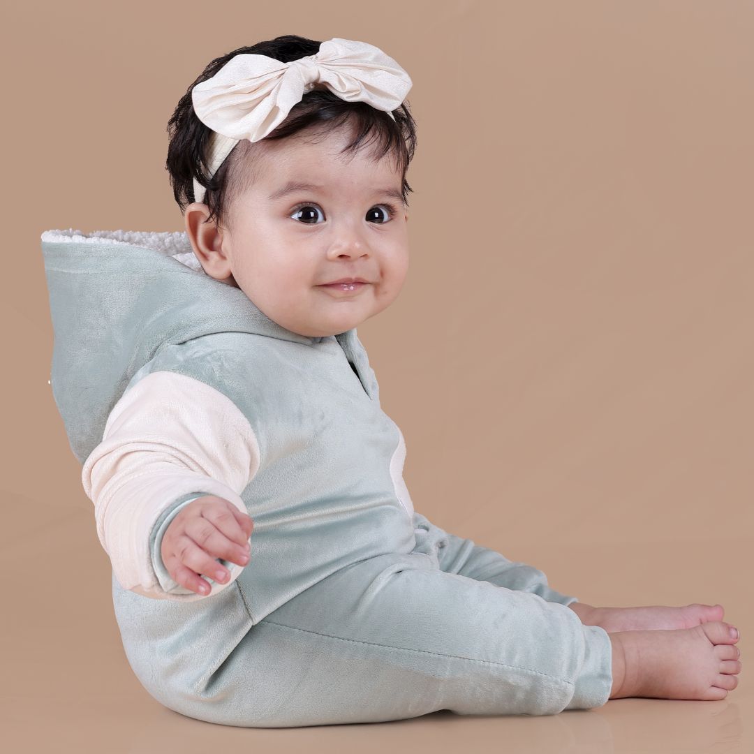 Polar Bear Velvet Romper with Sherpa - Mint