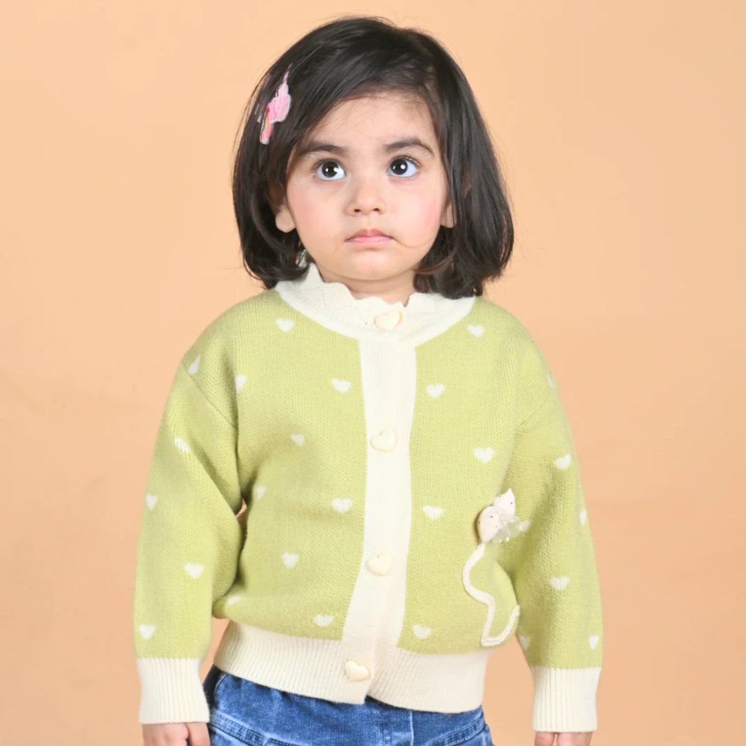 Polka Dot Hearts Full Sleeves Winter Sweater - Green
