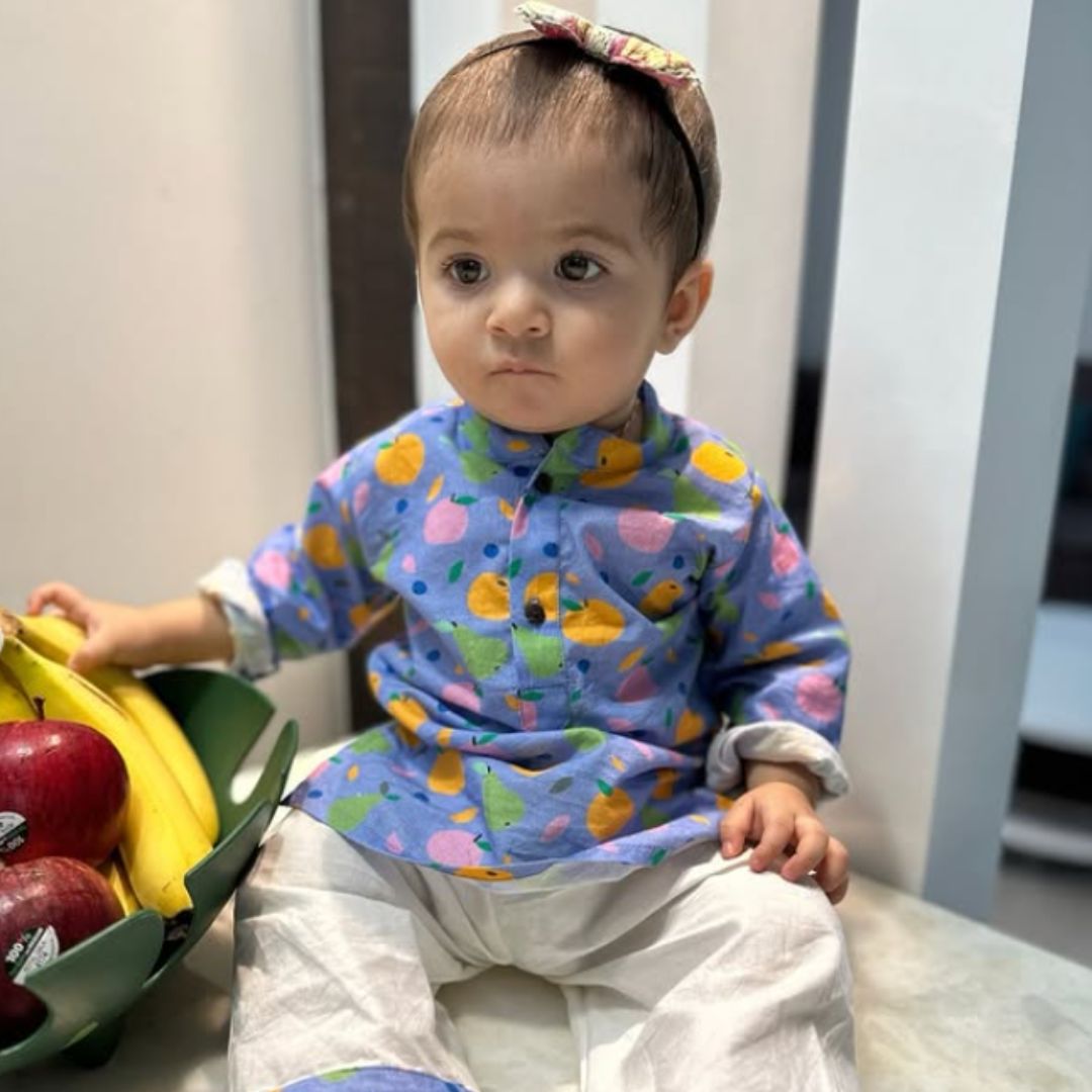 Purple Tropical Fruits Cotton Kurta Set
