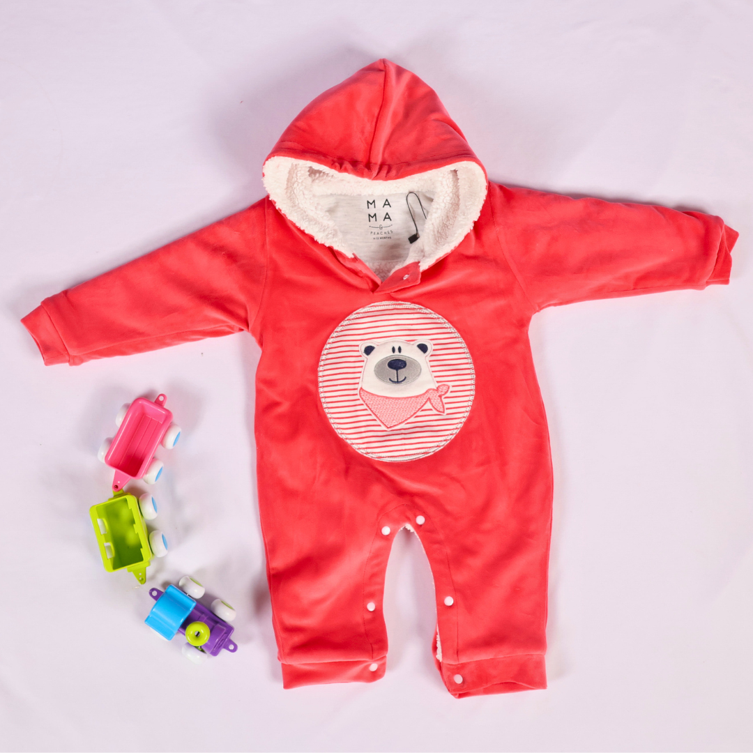 Red Bear Velvet Winter Romper with Sherpa