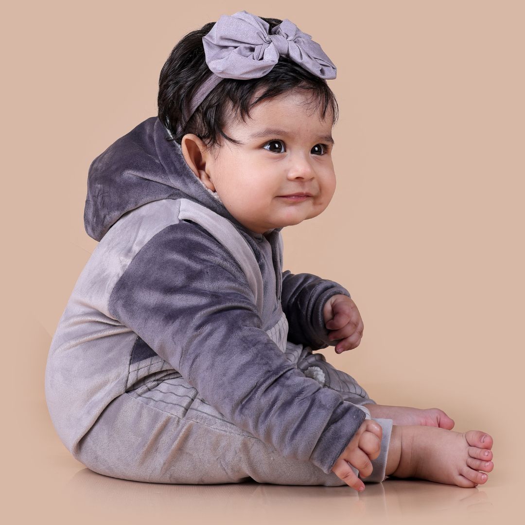 Winnie Velvet Romper with Sherpa - Grey
