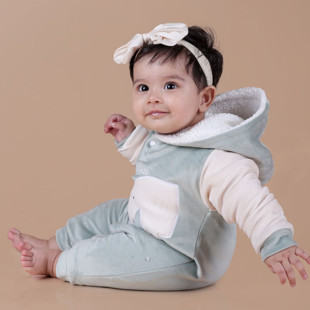 Polar Bear Velvet Romper with Sherpa - Mint