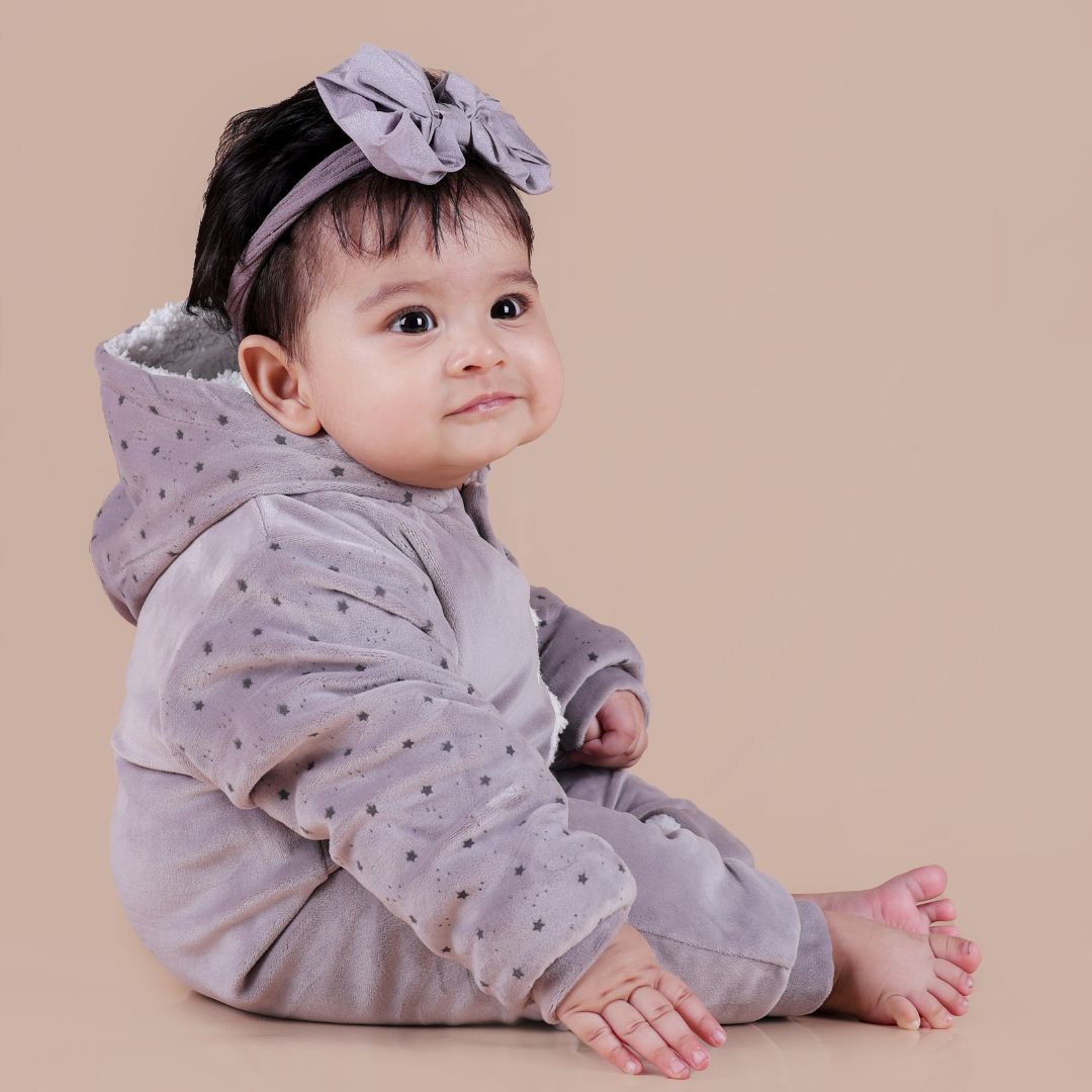 Sheep Velvet Romper with Sherpa - Grey