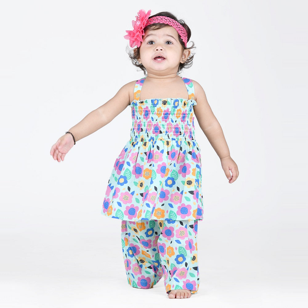 Smocked Kurta Top with Wide Pants in Bright Floral