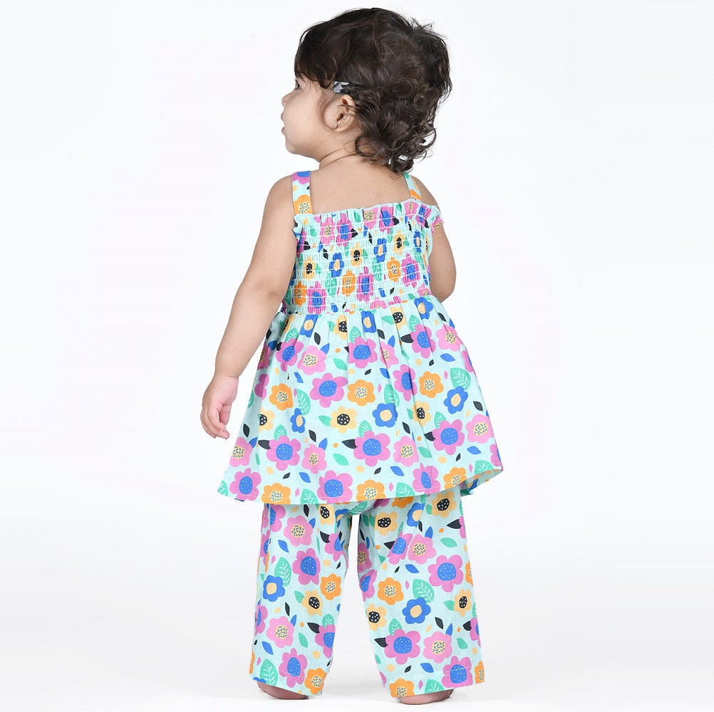 Smocked Kurta Top with Wide Pants in Bright Floral