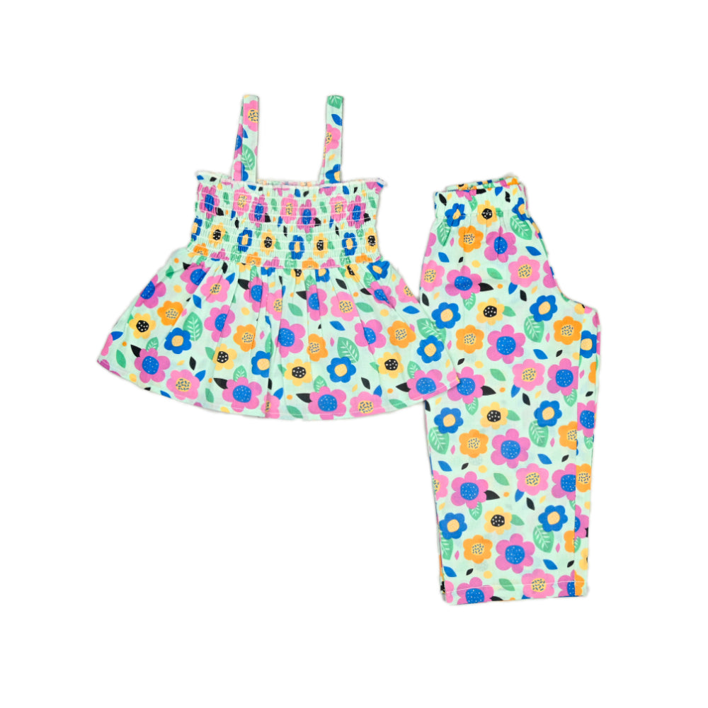 Smocked Kurta Top with Wide Pants in Bright Floral