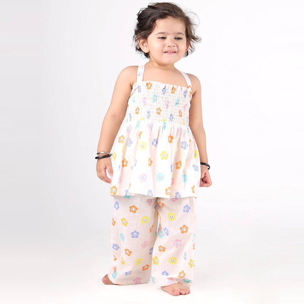 Smocked Kurta Top with Wide Pants in Smiling Flowers