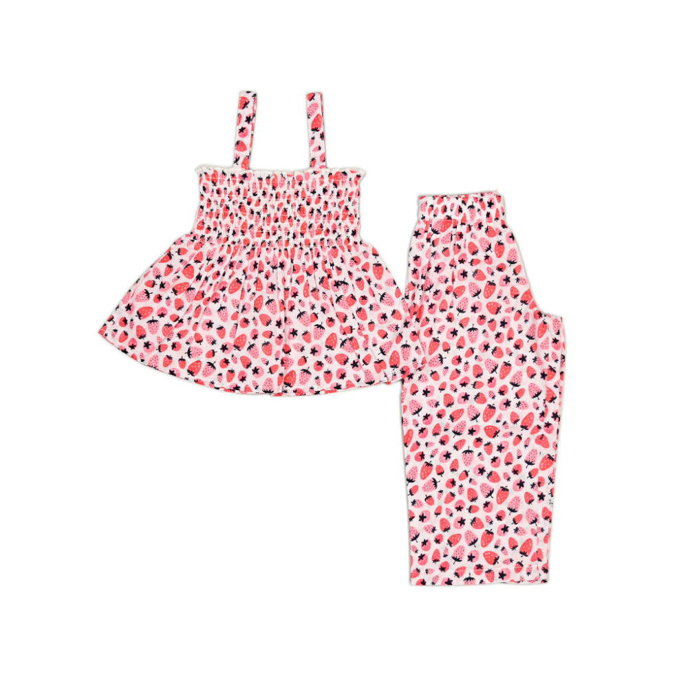 Smocked Kurta Top with Wide Pants in Strawberry