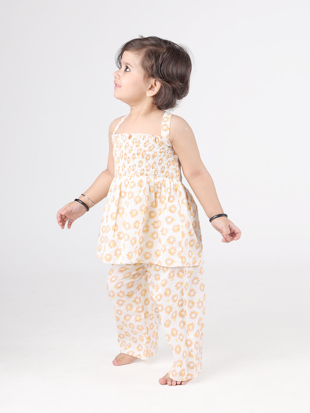 Smocked Kurta with Wide Pants in Sunflower Print