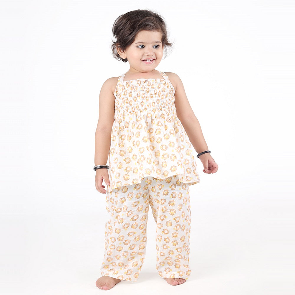 Smocked Kurta with Wide Pants in Sunflower Print