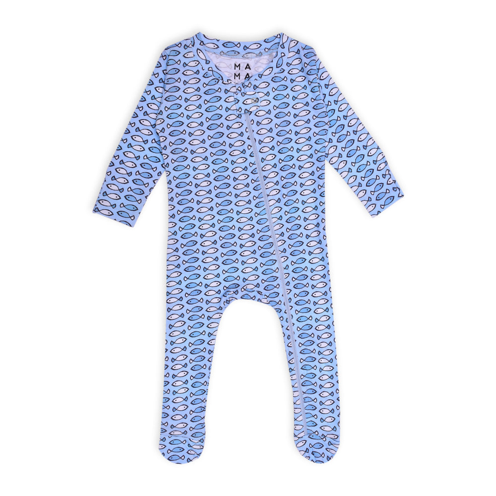 Fishy Fishy in the Sea Organic Zipped Footed Sleepsuit - Blue