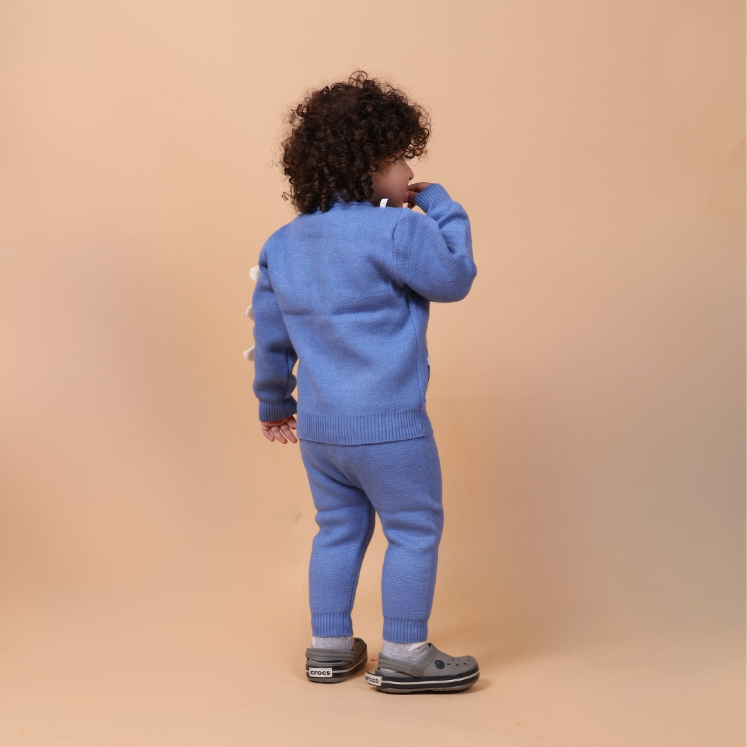 Cute Dino Knitted Winter Co-Ord Set- Blue