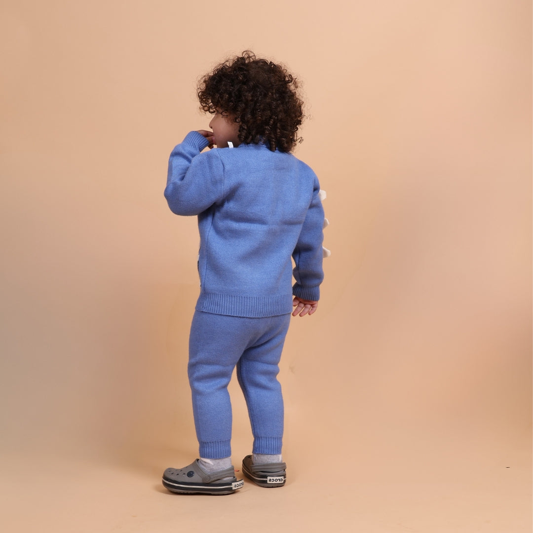 Cute Dino Knitted Winter Co-Ord Set- Blue
