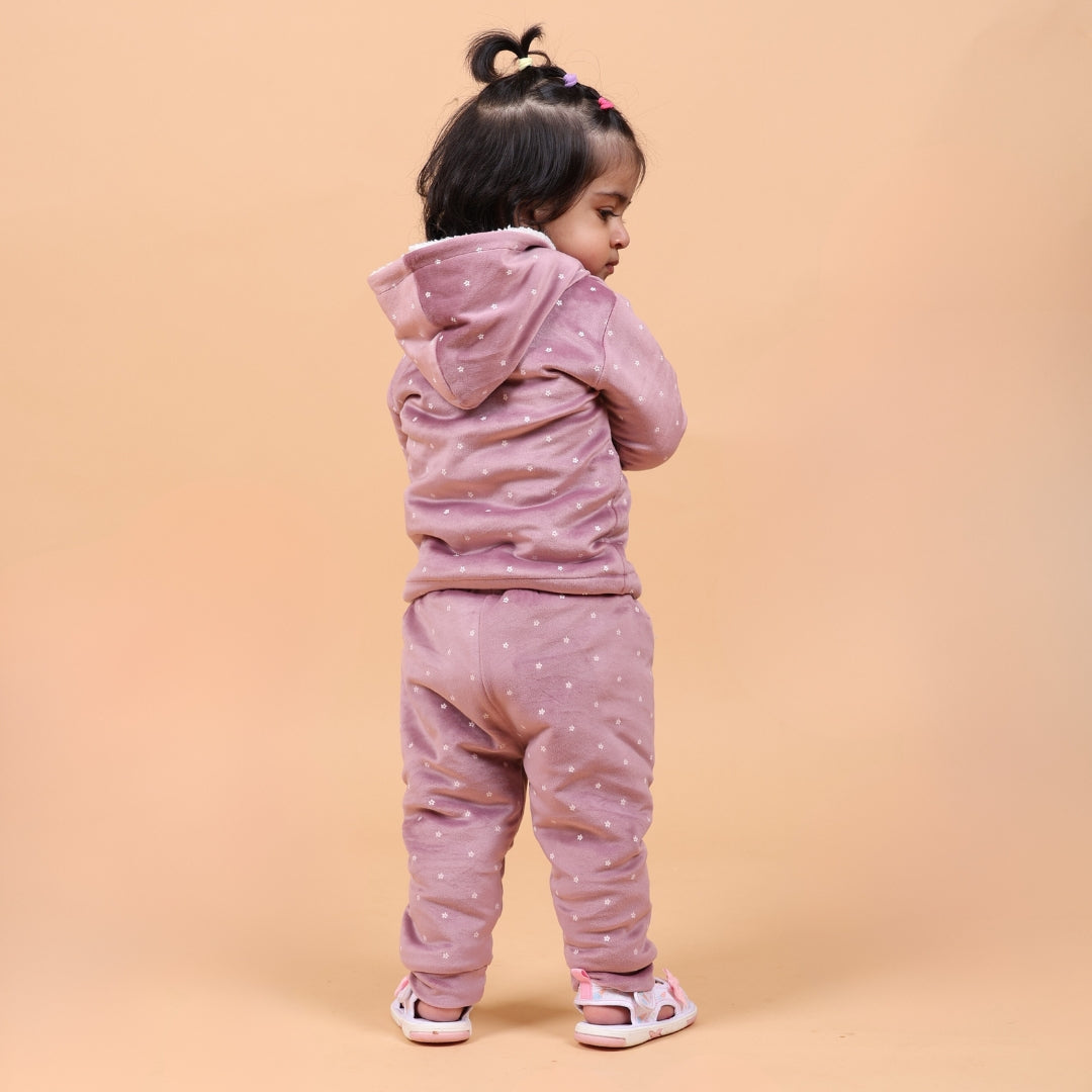 Floral Print Velvet Winter Co-Ord Set with Sherpa - Mauve