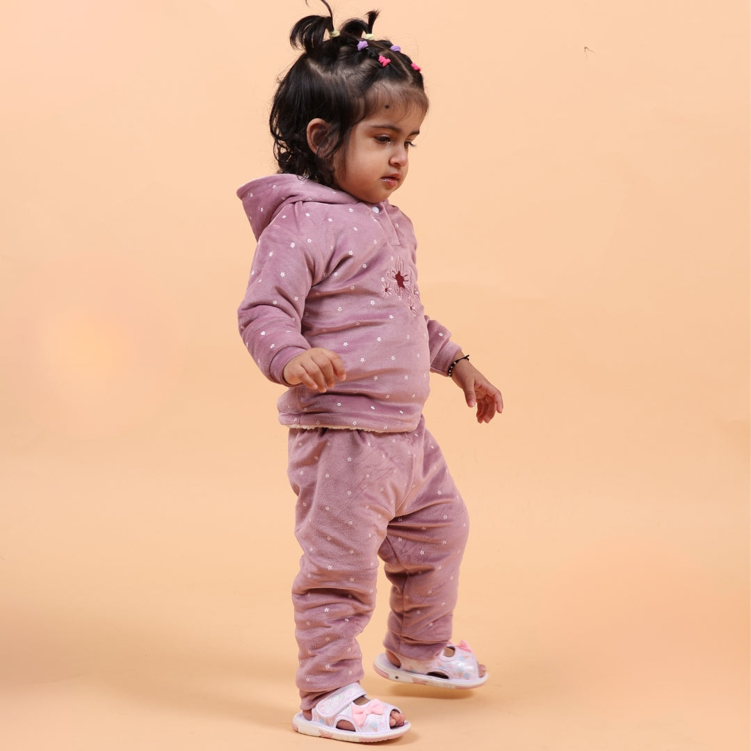 Floral Print Velvet Winter Co-Ord Set with Sherpa - Mauve