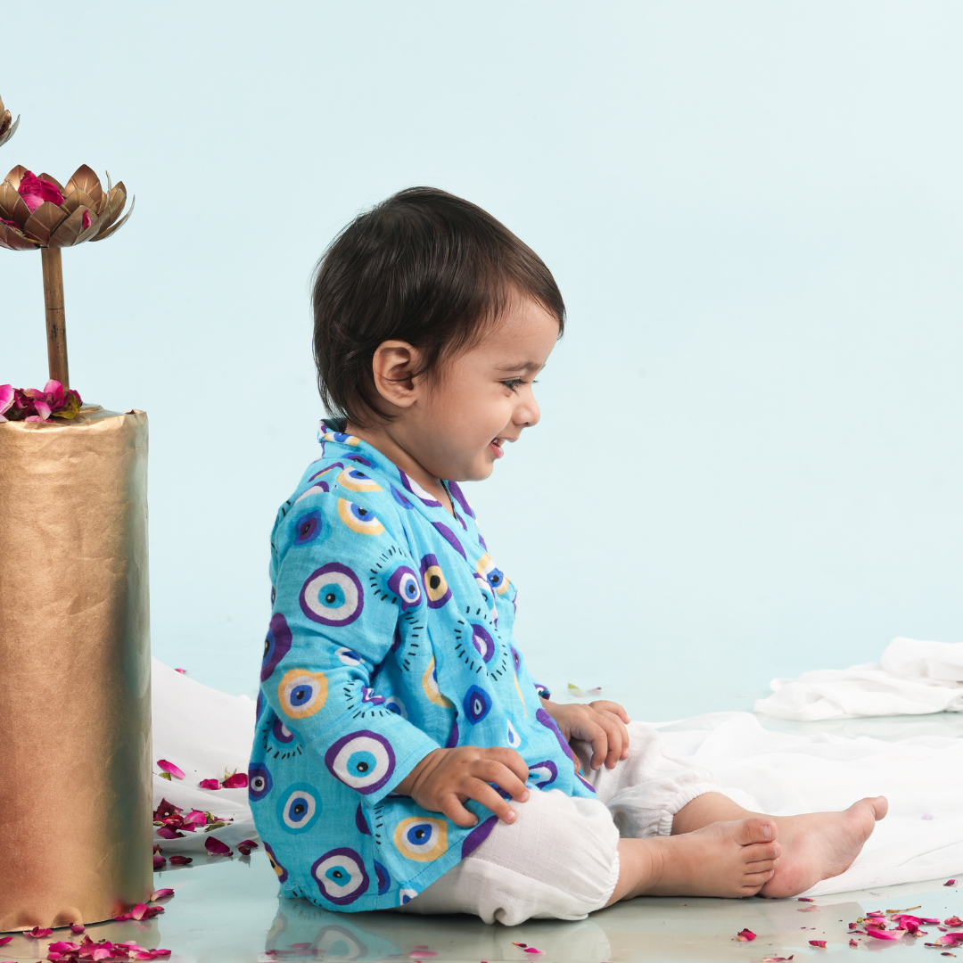 Evil Eye Blue Muslin Angrakha Set