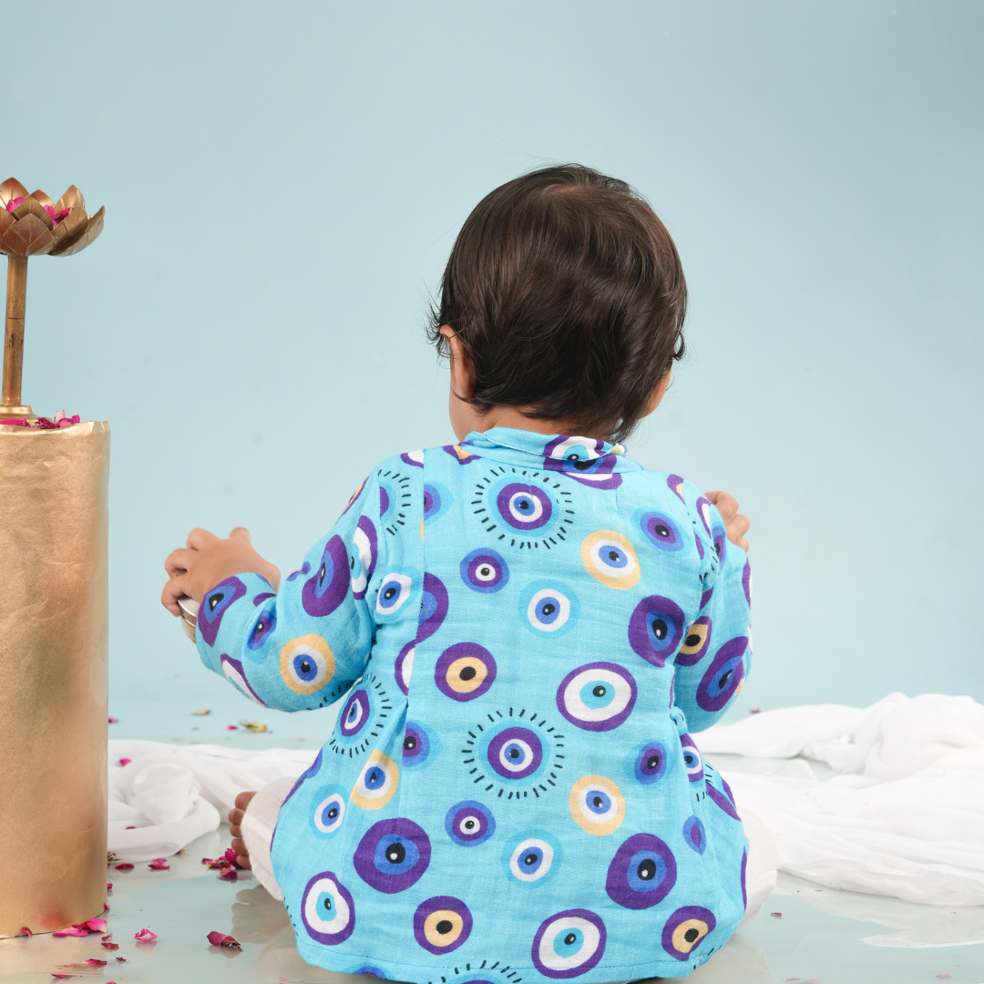Evil Eye Blue Muslin Angrakha Set