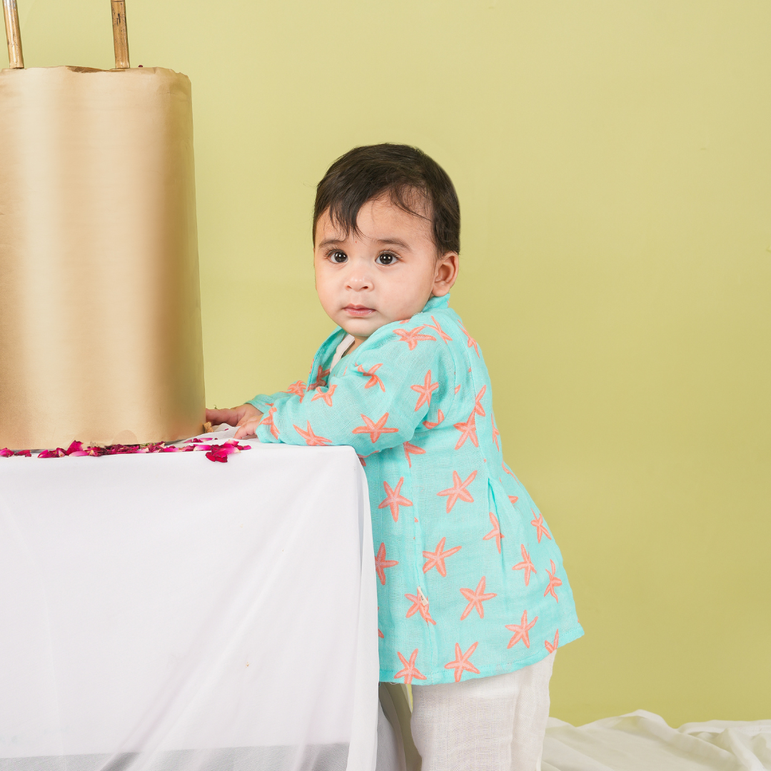 Coral Starfish Muslin Angrakha Set