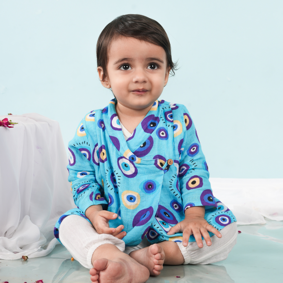 Evil Eye Blue Muslin Angrakha Set