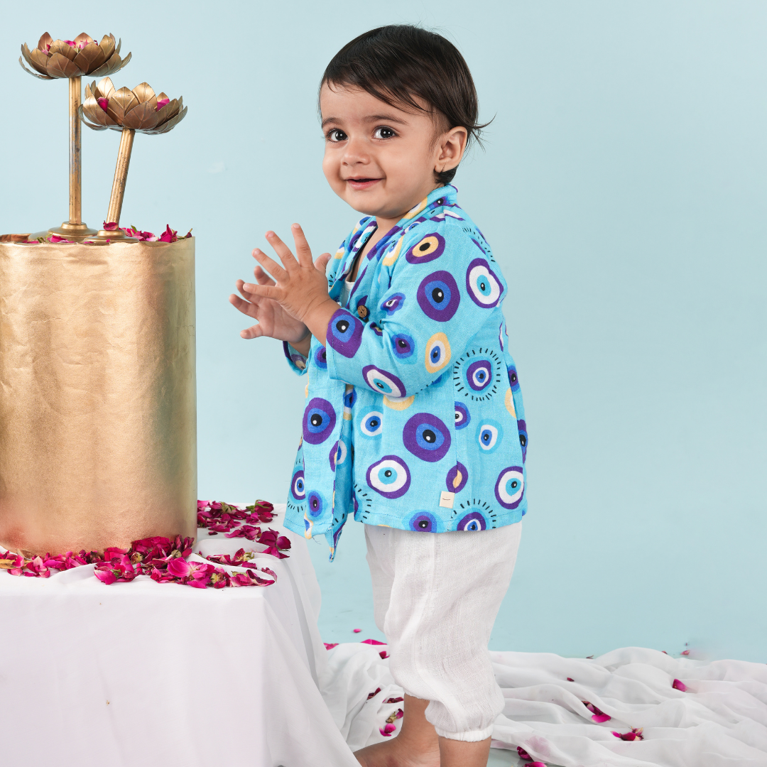 Evil Eye Blue Muslin Angrakha Set