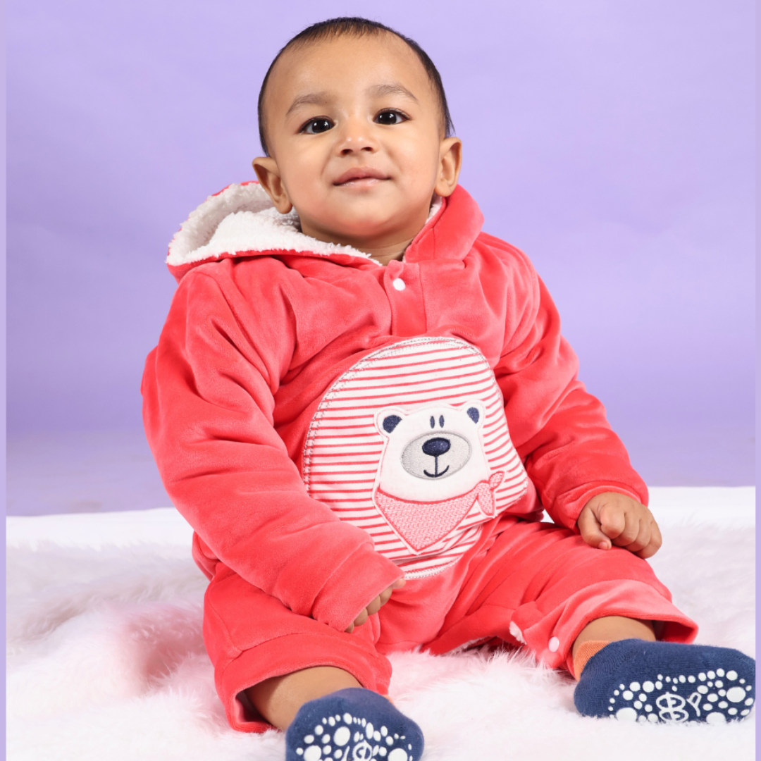 Red Bear Velvet Winter Romper with Sherpa