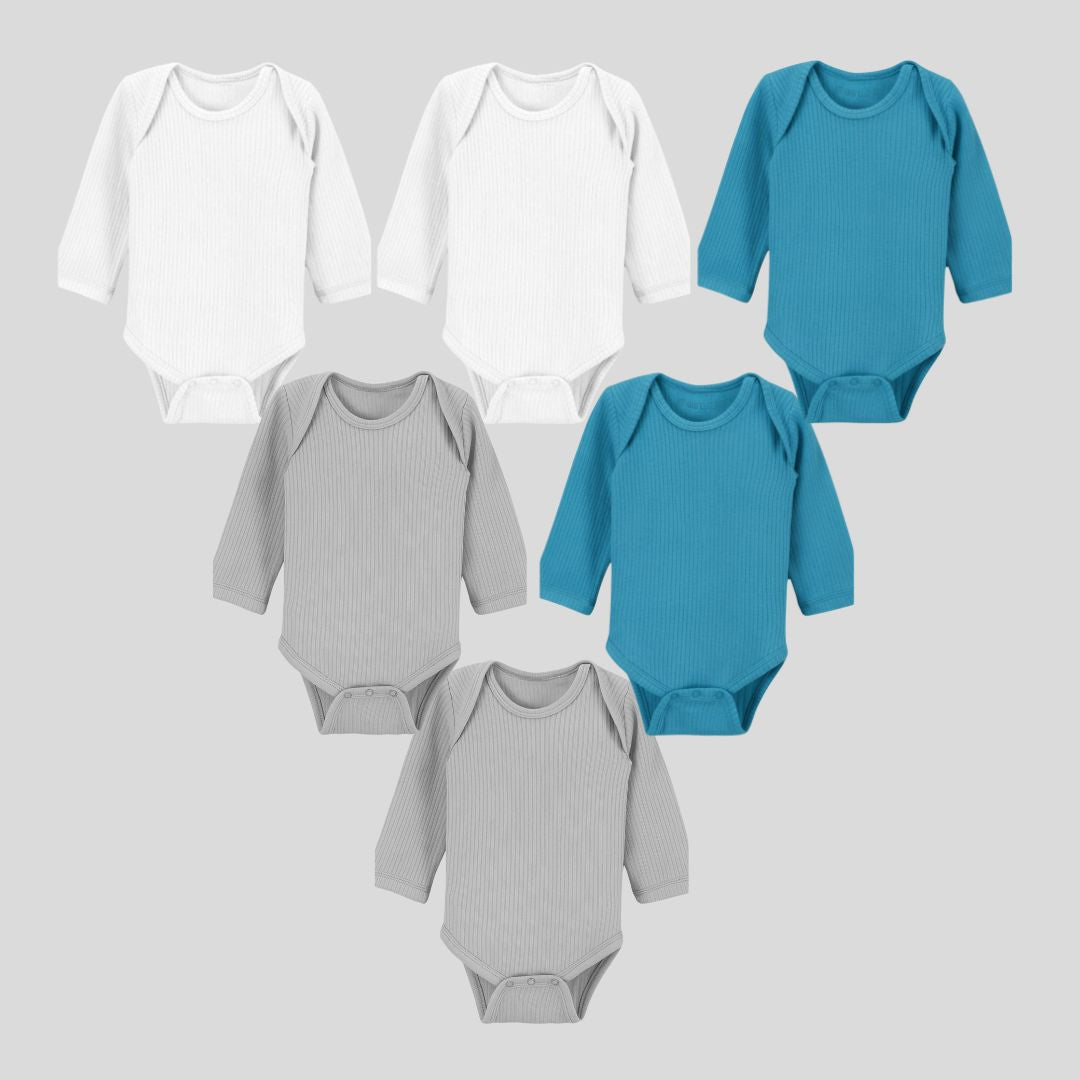Pack Of 6 Thermal Rompers (White + Teal + Light Grey)