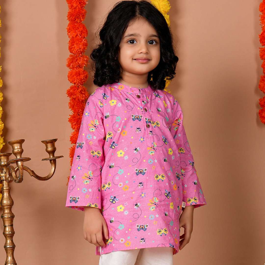 Butterfly Bloom Kurta Set featuring a woman in a flowing, floral print kurta with matching pants.