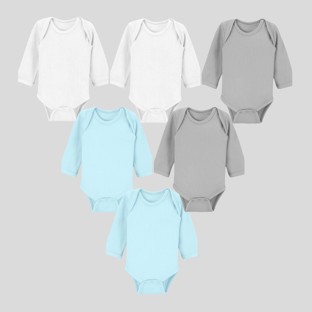 Pack Of 6 Thermal Rompers (White + Sky + Grey)