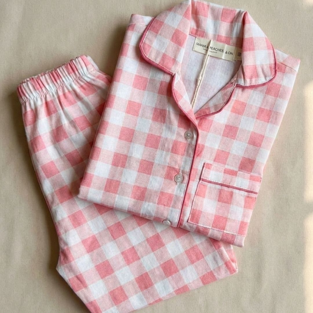 Pink Gingham Full Sleeves Night Suit