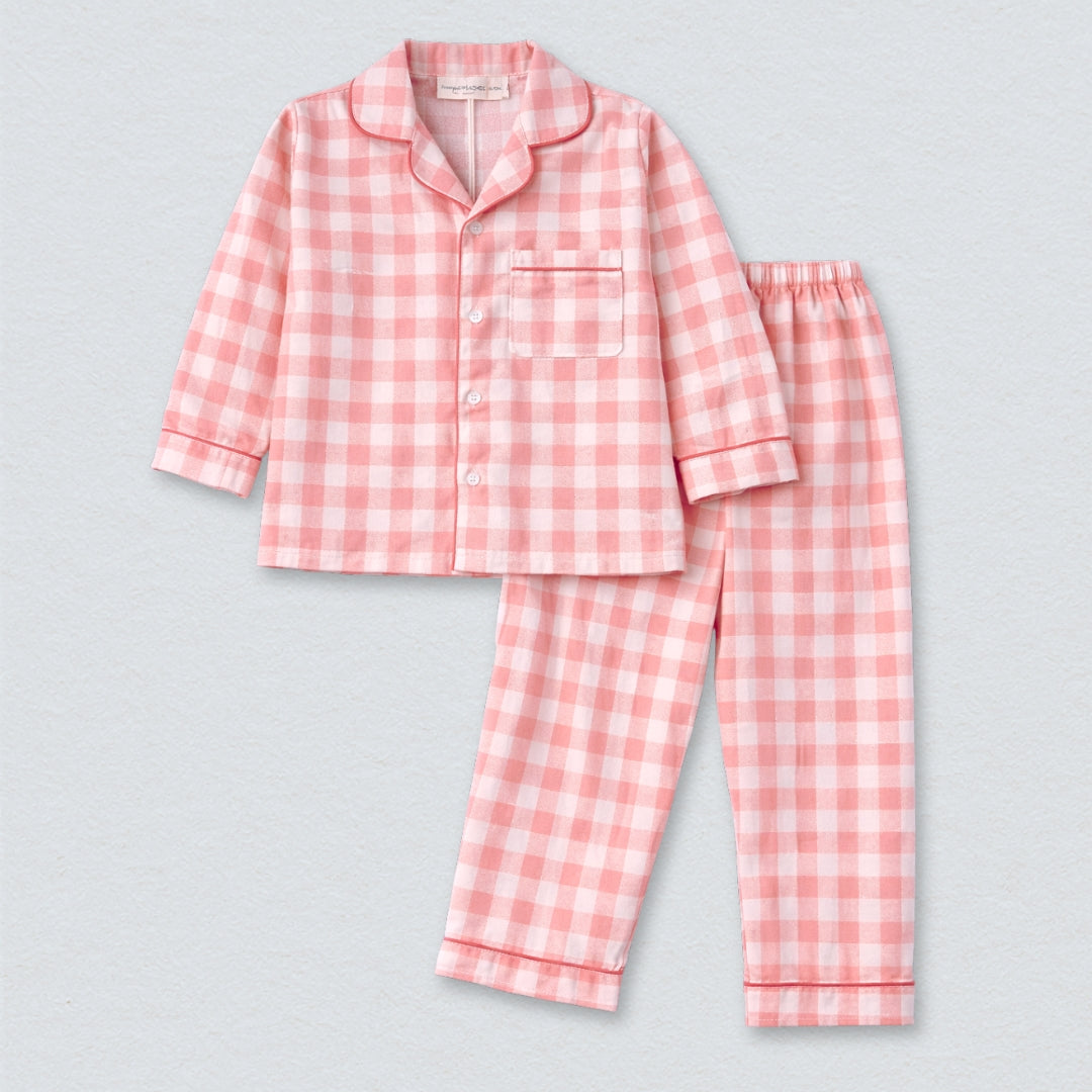 Pink Gingham Full Sleeves Night Suit