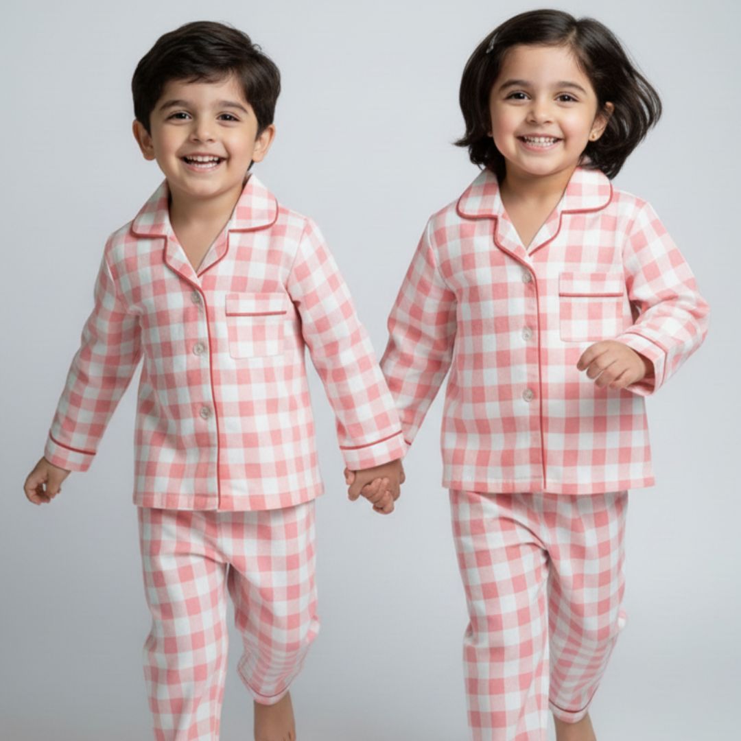 Pink Gingham Full Sleeves Night Suit