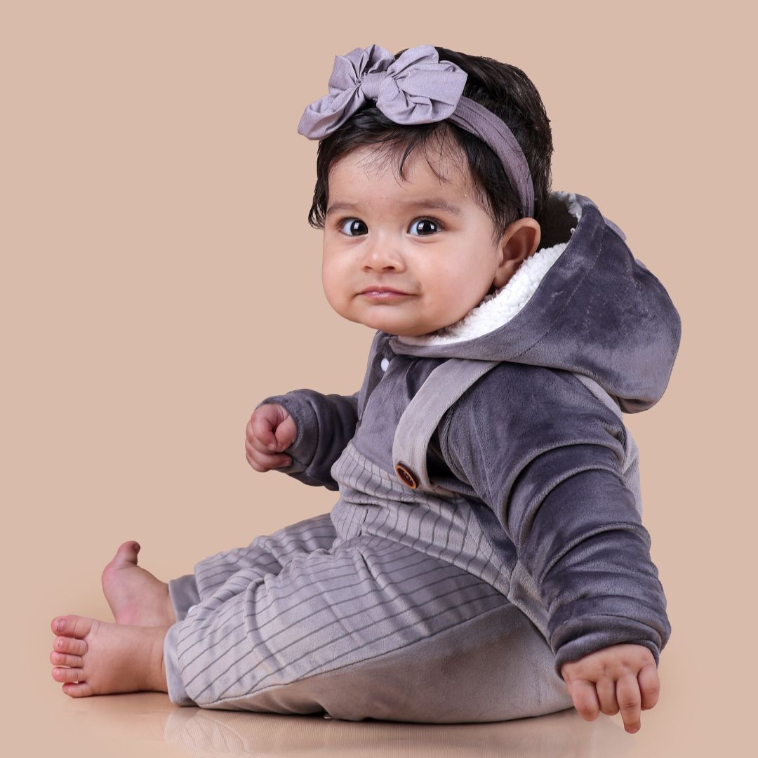 Winnie Velvet Romper with Sherpa - Grey