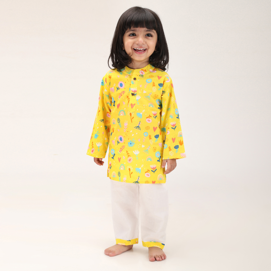 Yellow Floral Cotton Kurta Set