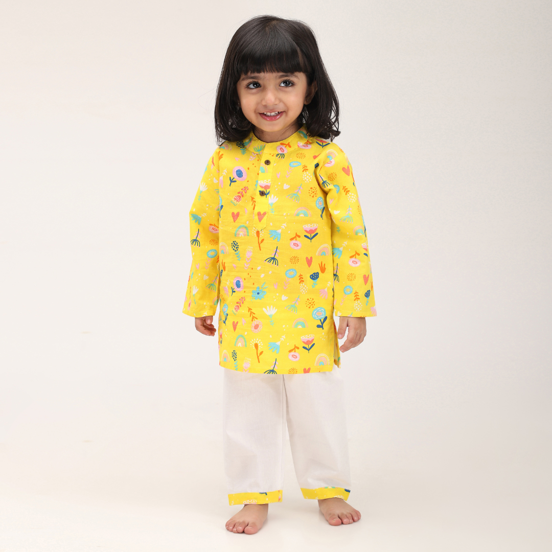 Yellow Floral Cotton Kurta Set