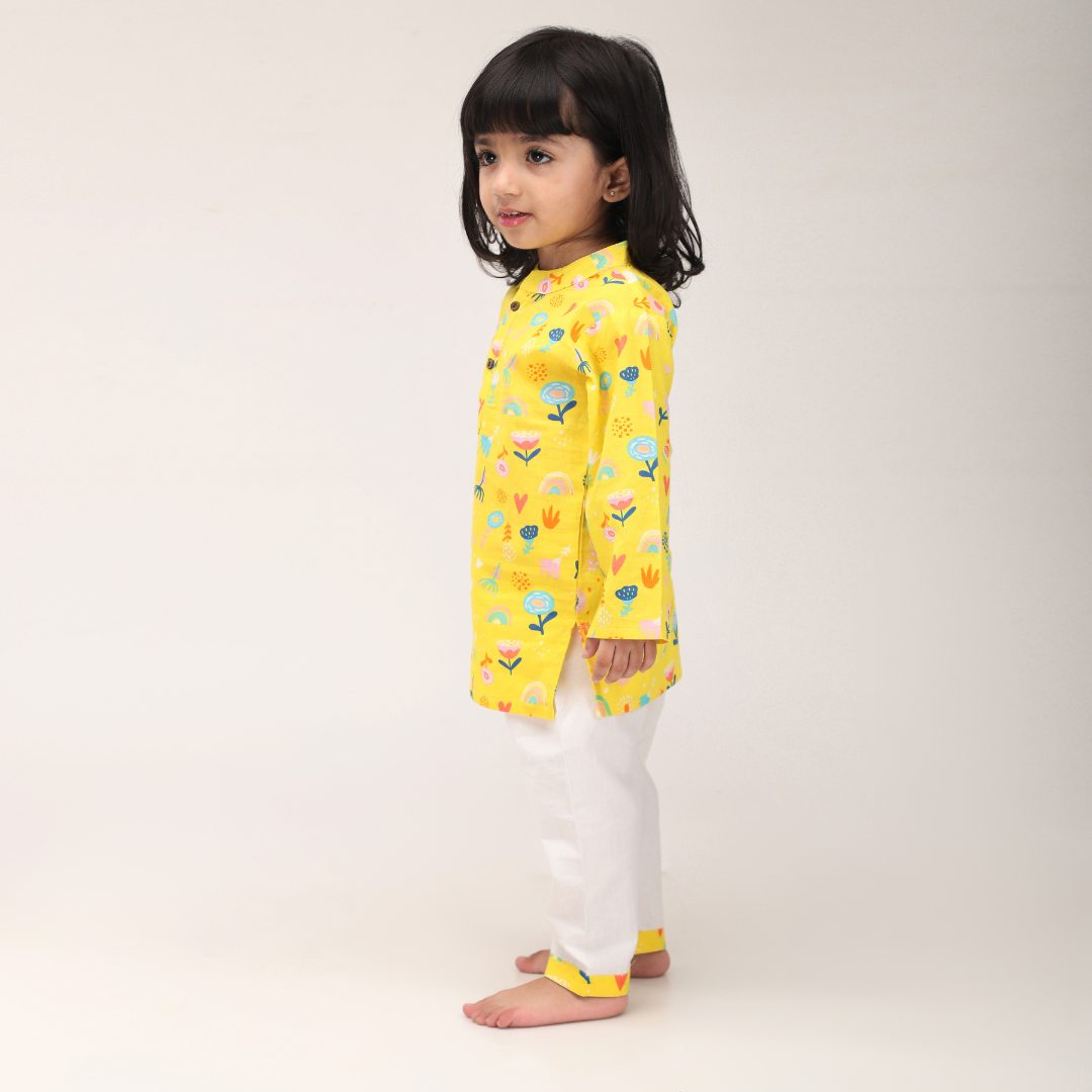 Yellow Floral Cotton Kurta Set