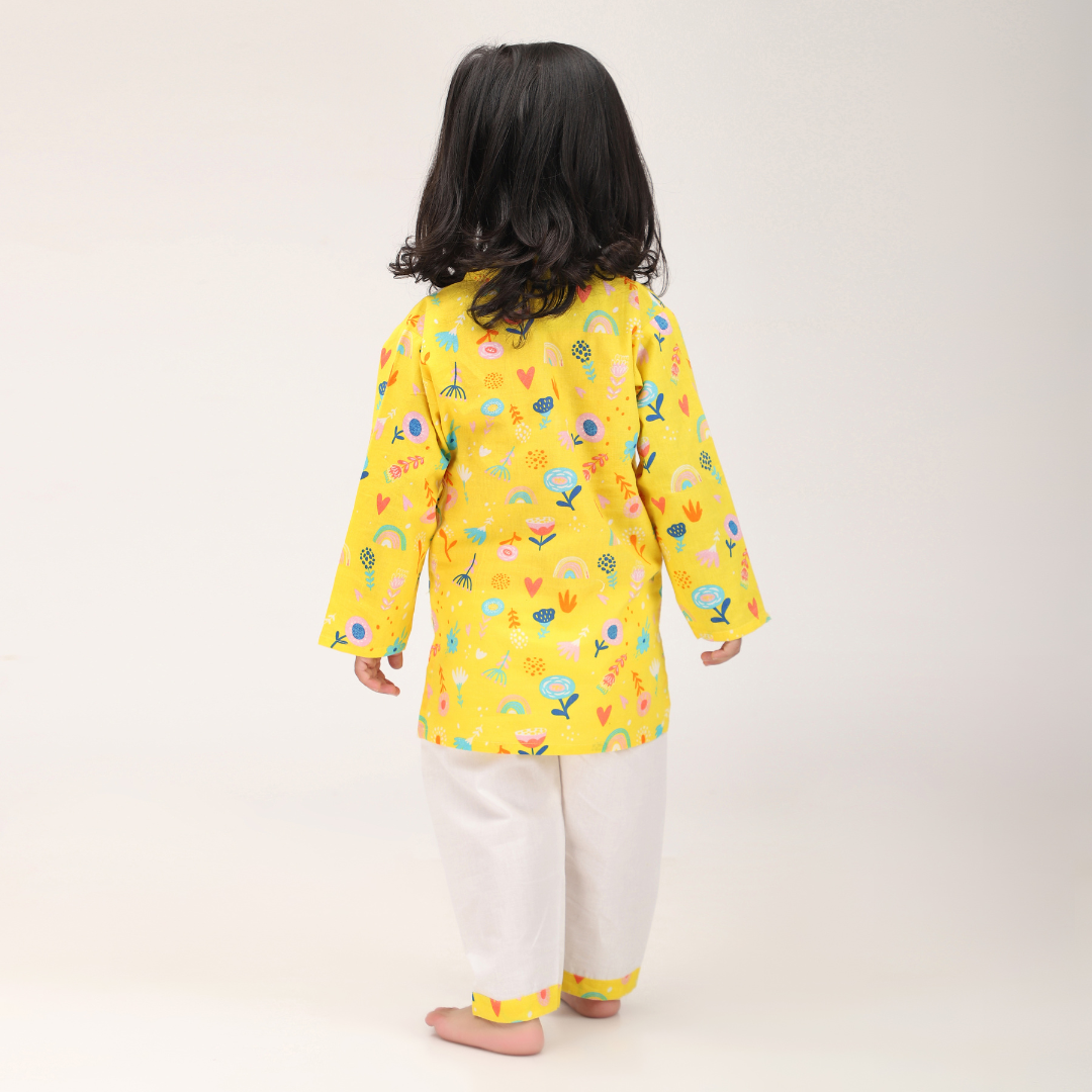 Yellow Floral Cotton Kurta Set
