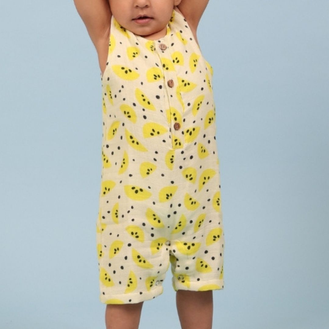 Yellow Lemons Muslin Double Layer Romper