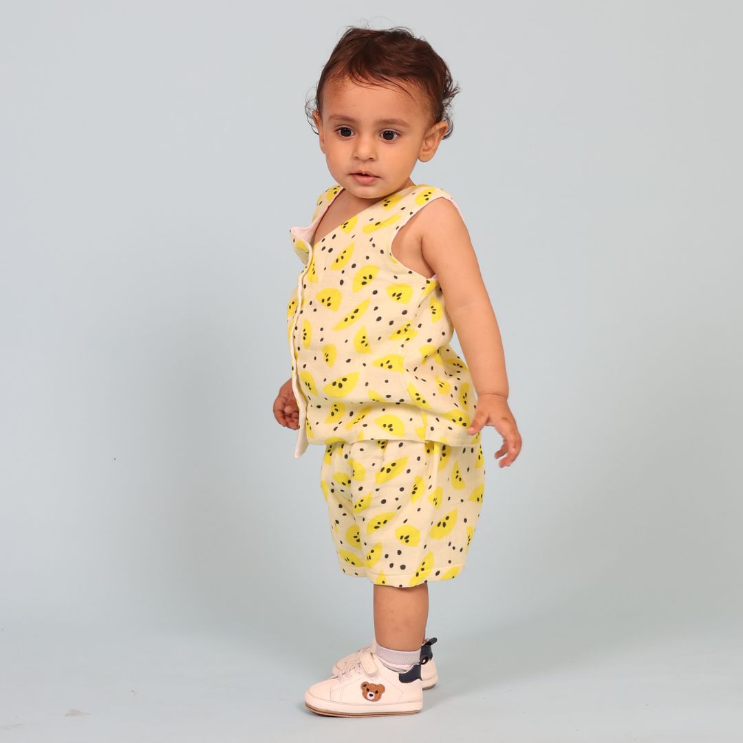 Yellow Lemons Muslin Jhabla Top with Shorts