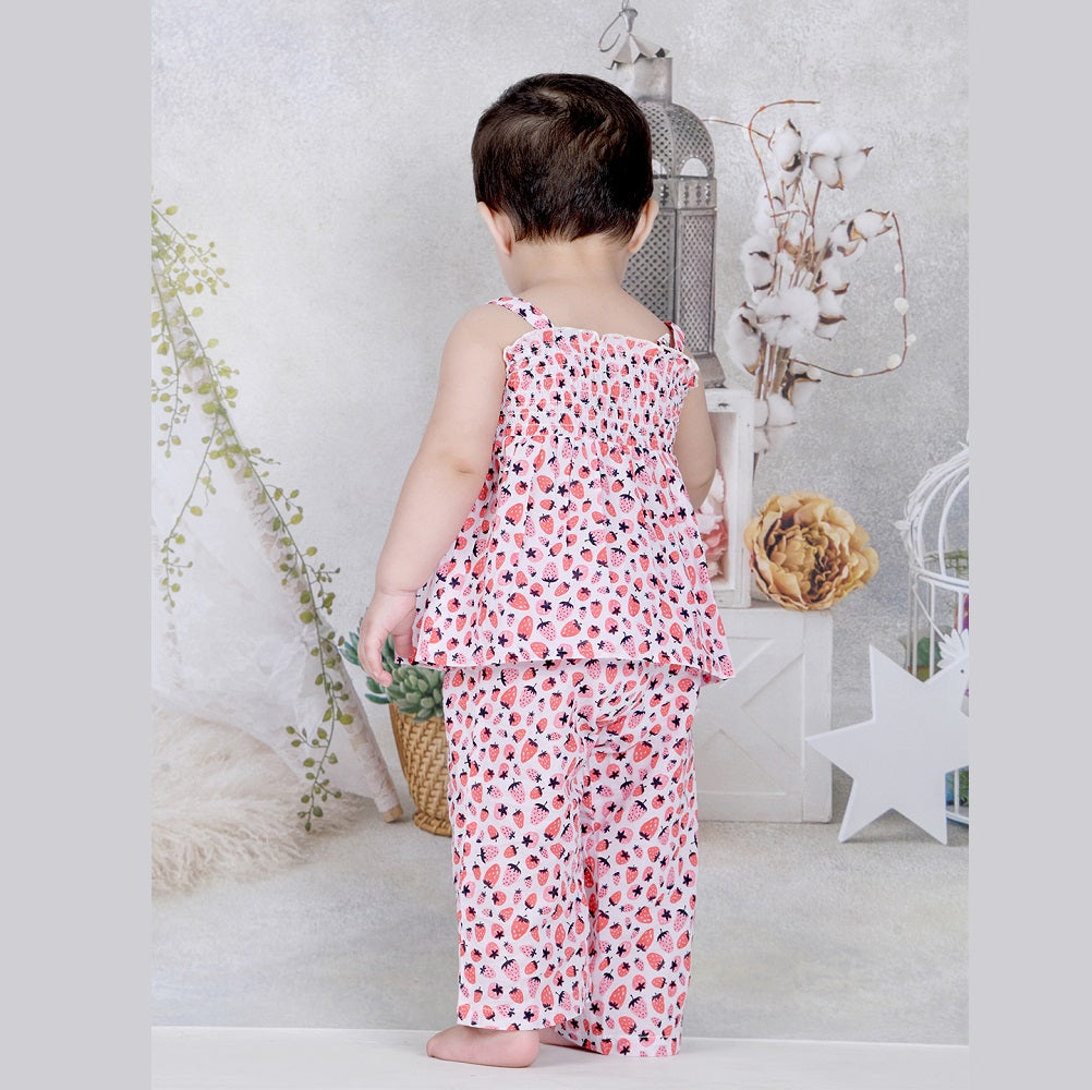Smocked Kurta Top with Wide Pants in Strawberry