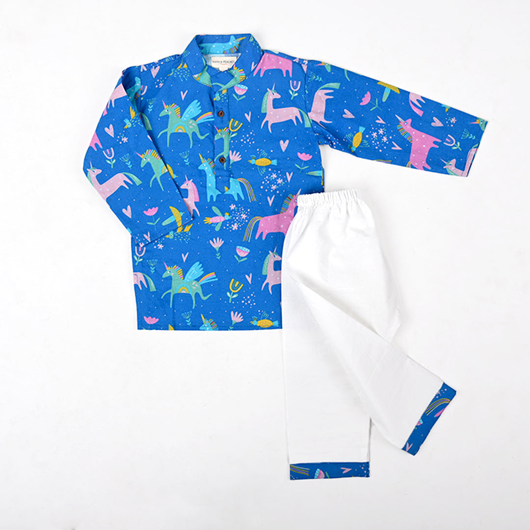 Mystical Unicorn Kurta Set - Dark Blue