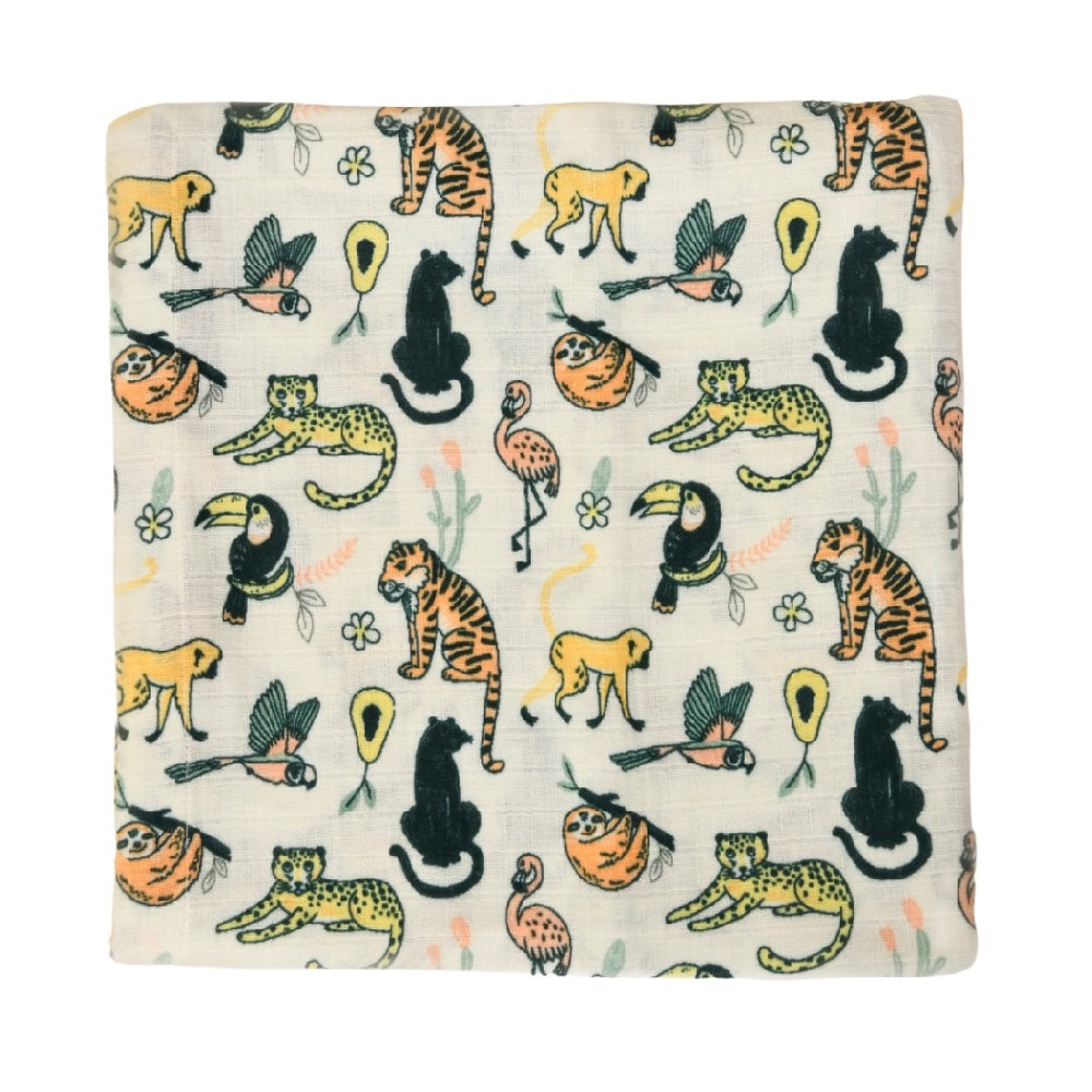 Rainforest Animals Muslin Swaddle featuring a vibrant print of toucans, monkeys, and lush foliage on soft fabric.
