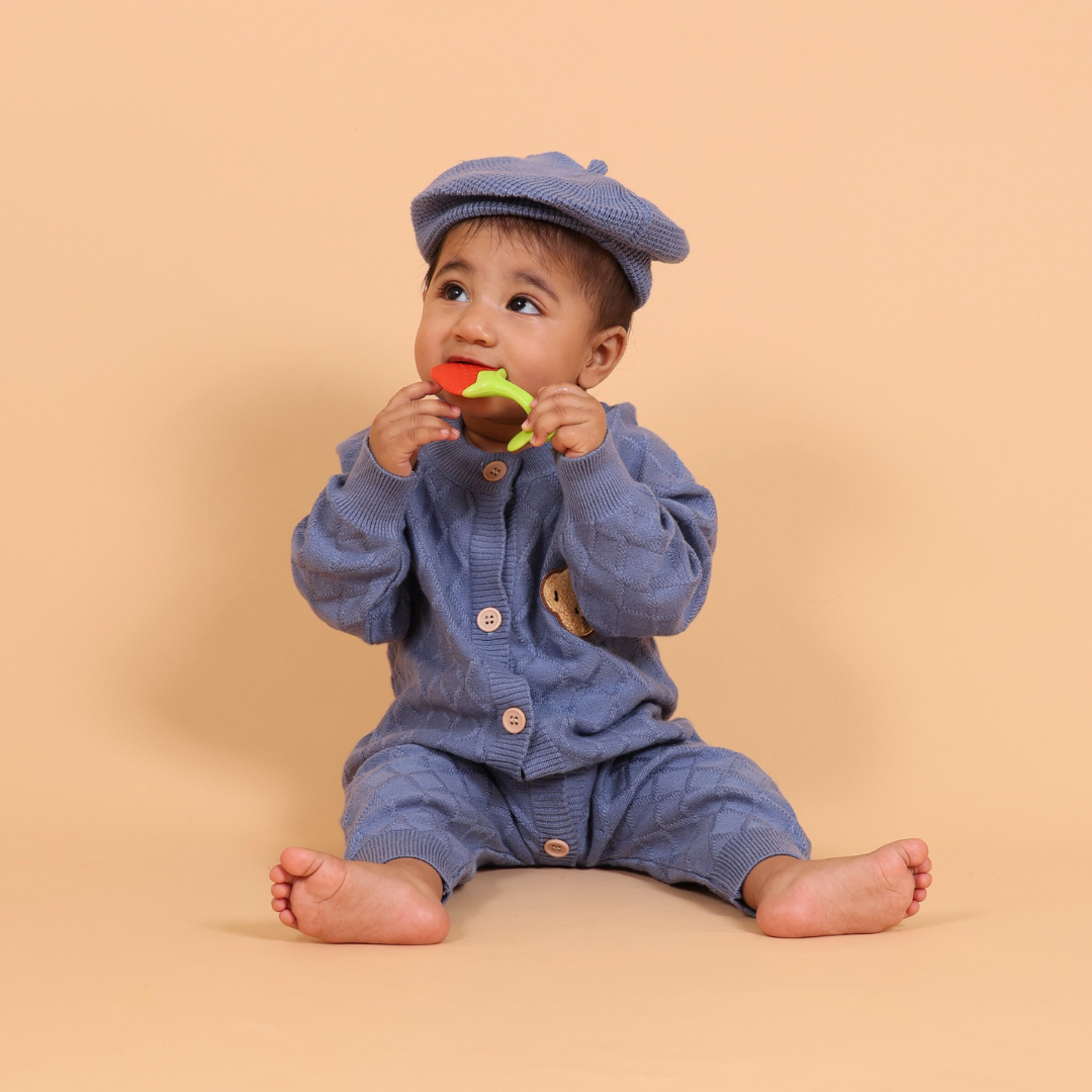 Blue Cable Knitted Winter Romper with Cap