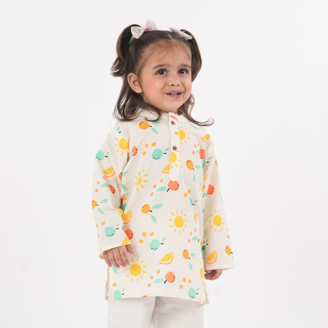 Citrus Cotton Kurta Set: a vibrant yellow kurta with intricate white embroidery and matching pants.