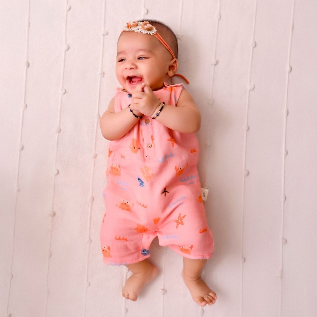 Crabs Muslin Double Layer Romper for babies, featuring a cute crab print on soft, breathable fabric.
