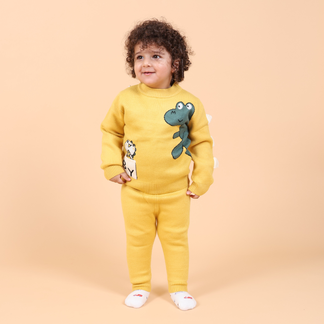 Cute Dino Knitted Winter Co-Ord Set- Yellow