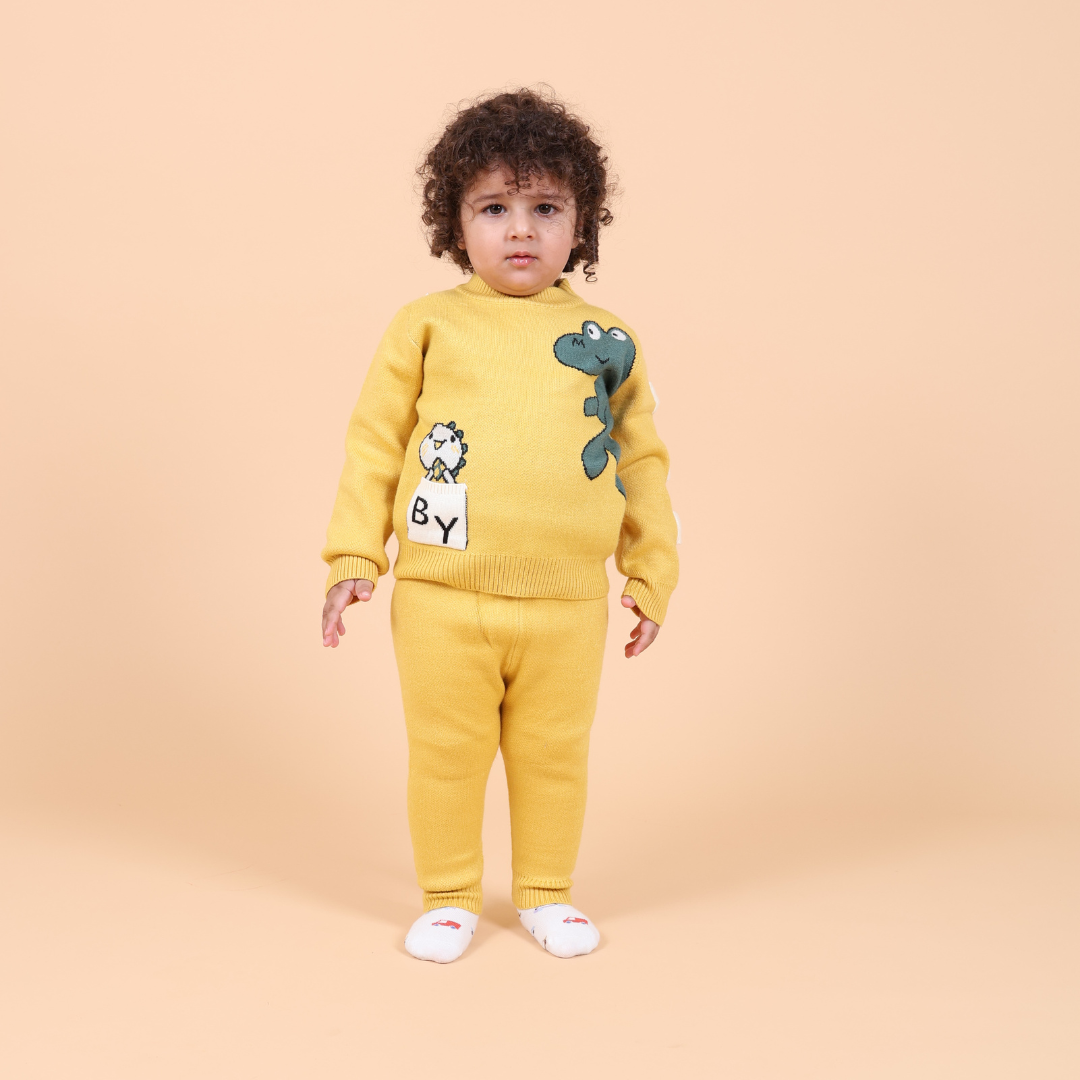 Cute Dino Knitted Winter Co-Ord Set- Yellow