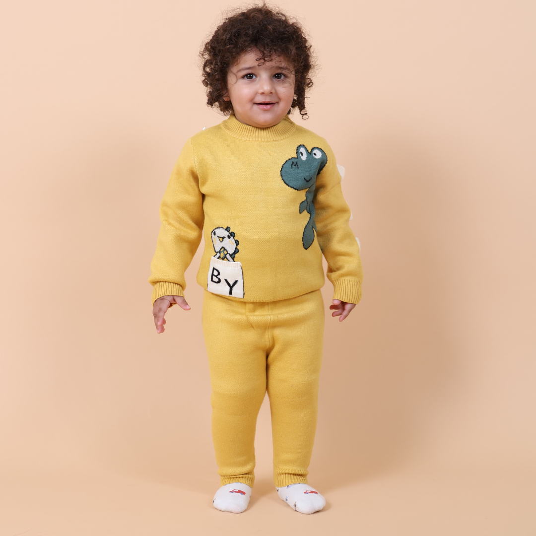 Cute Dino Knitted Winter Co-Ord Set- Yellow