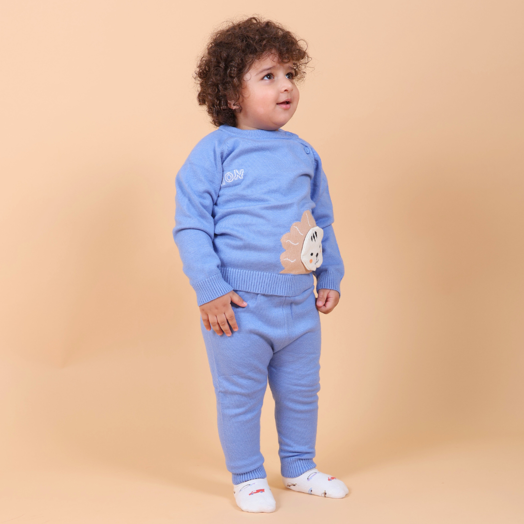 Lion Knitted Winter Co-Ord Set- Blue