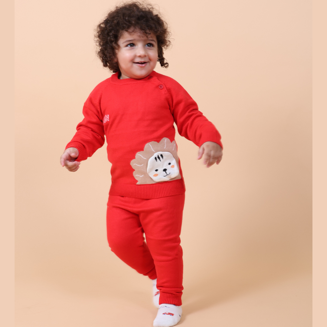 Lion Knitted Winter Co-Ord Set- Red